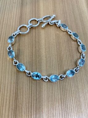 Natural Blue Topaz Sterling Silver Bezel Set Adjustable Bracelet 7.5” 10g